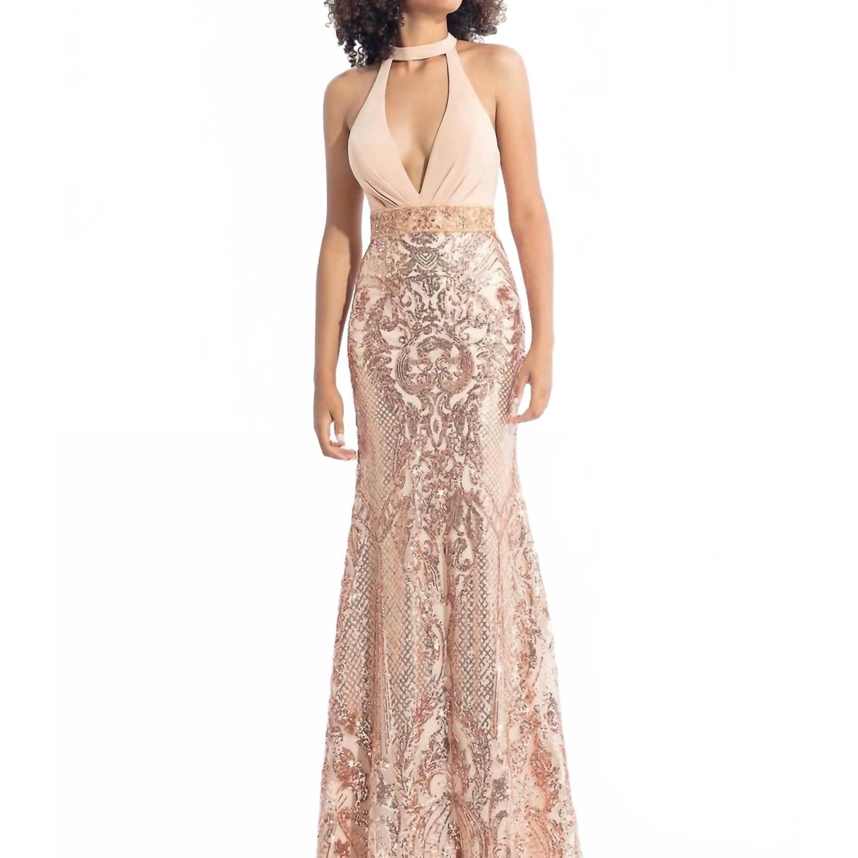 New Rachel Allan Plunging Neckline Sequin Prom Dress In Rose Gold